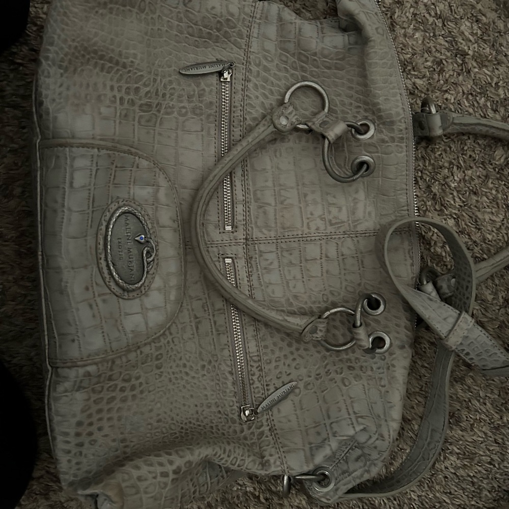 Gray Crocodile-Embossed Shoulder Bag with Silver Hardware